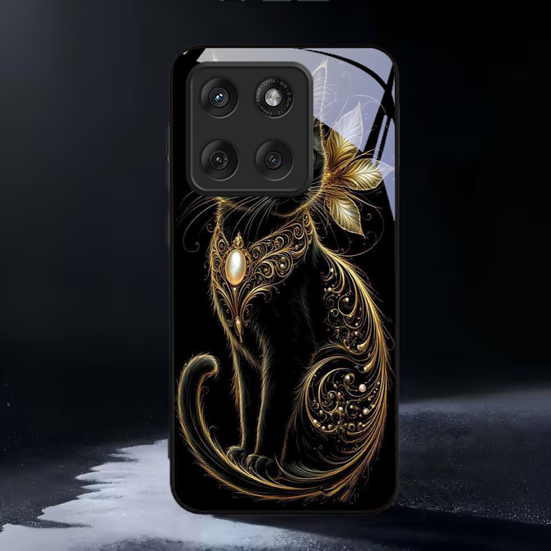 Phone Cases Motorola - Mystic Golden Pearl Cat Black Glass
