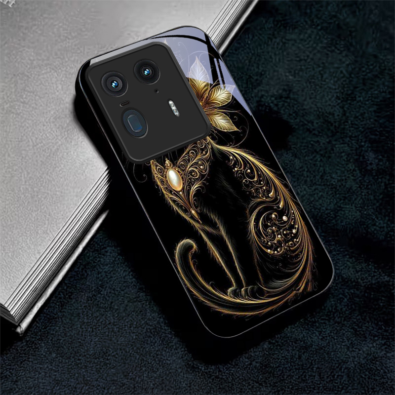 Phone Cases Motorola - Luxury Jeweled Cat Black Glass Phone